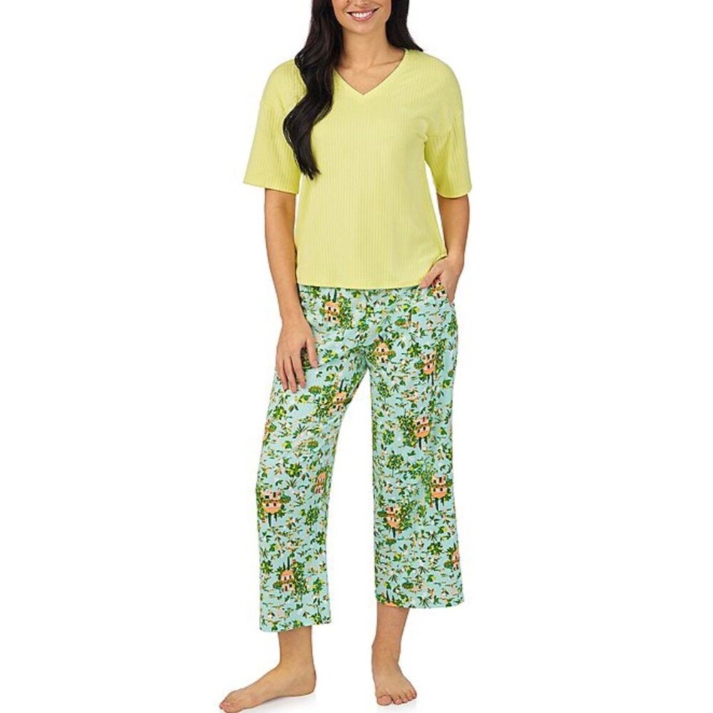 Cuddl Duds Pajama Set NEW V Neck Short Sleeve Capri Pant Set Medium Mint Cottage